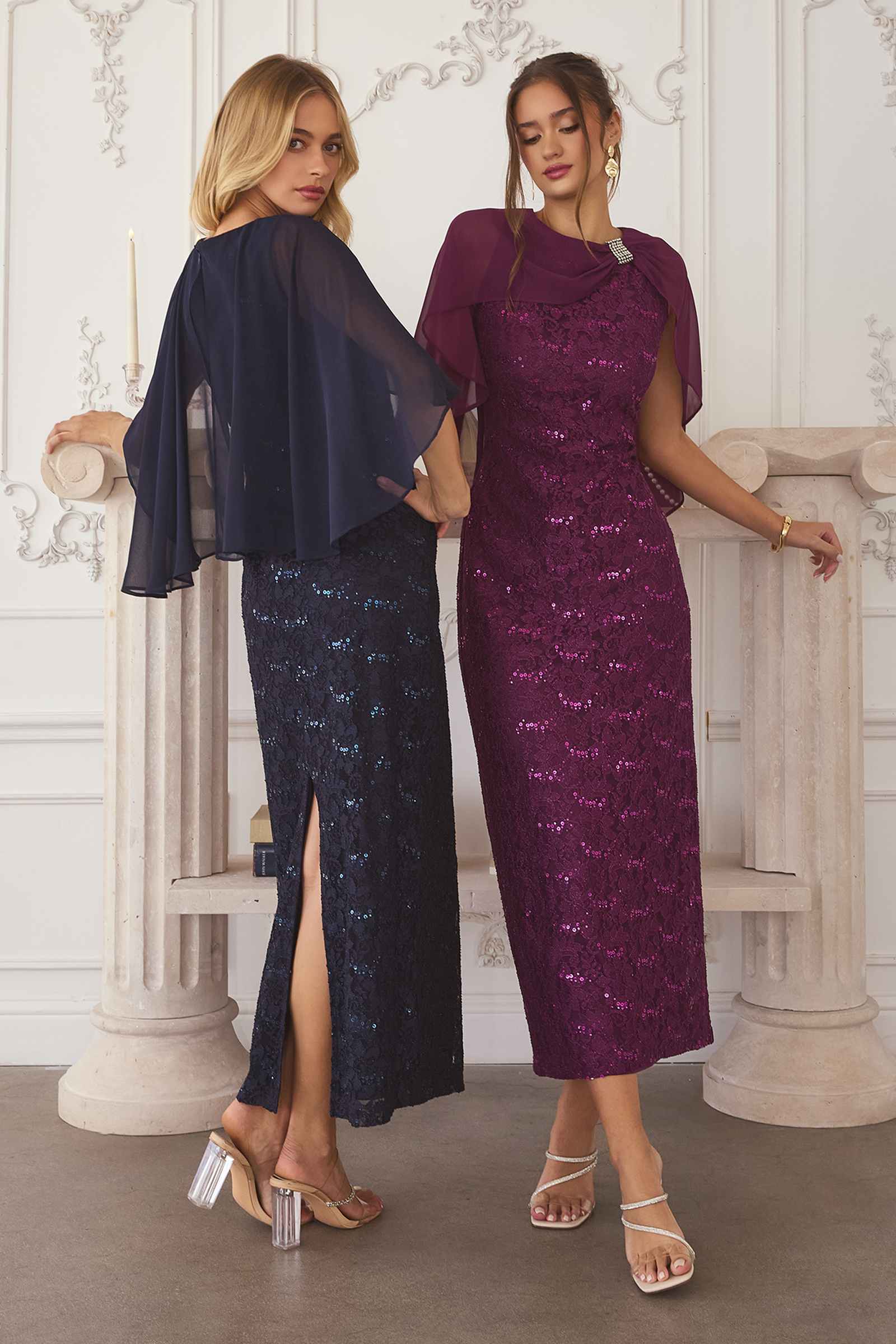 Amoris T906 Sequin Lace Gown Detachable Sheer Cape Overlay by DiscountDressShop