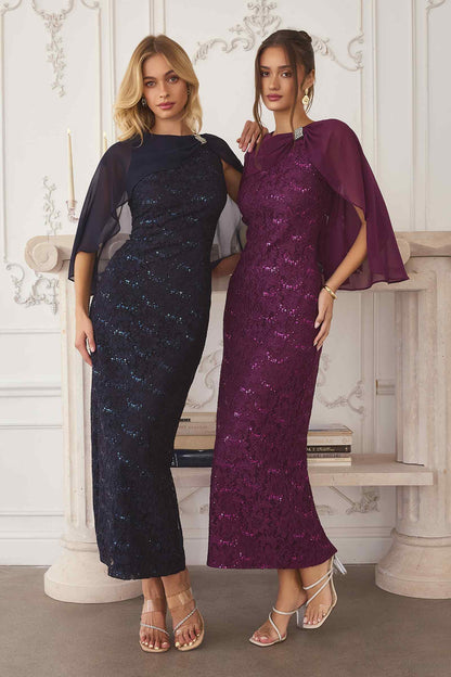 Amoris T906 Sequin Lace Gown Detachable Sheer Cape Overlay by DiscountDressShop