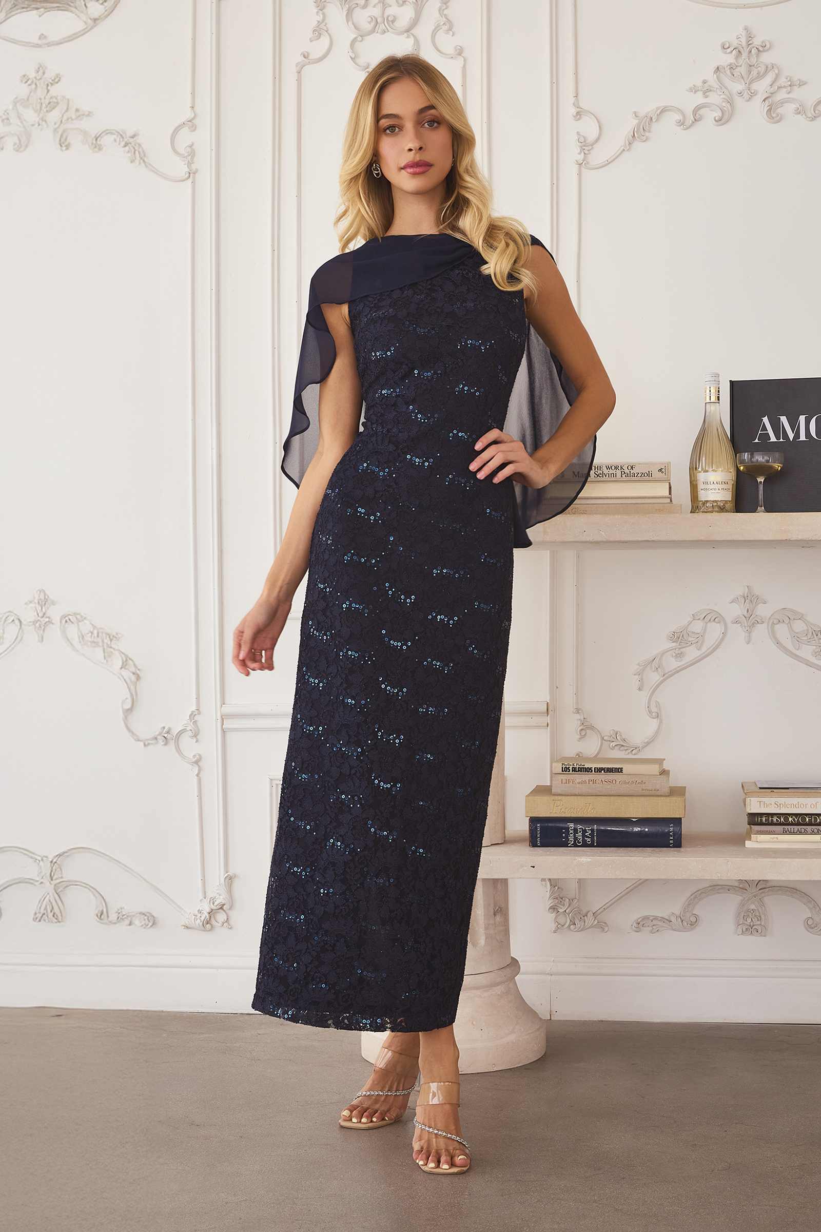 Amoris T906 Sequin Lace Gown Detachable Sheer Cape Overlay by DiscountDressShop