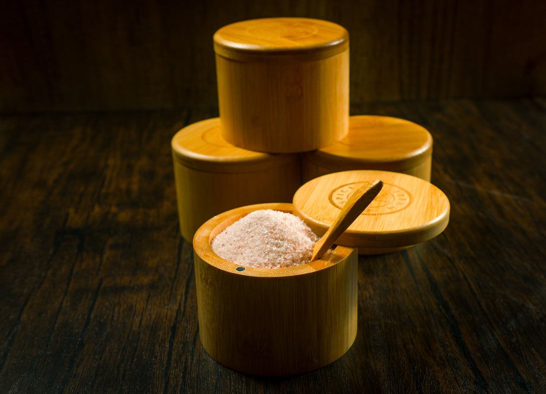 Bamboo Salt Container filled with Pink Himalayan Salt by Spice Wheel