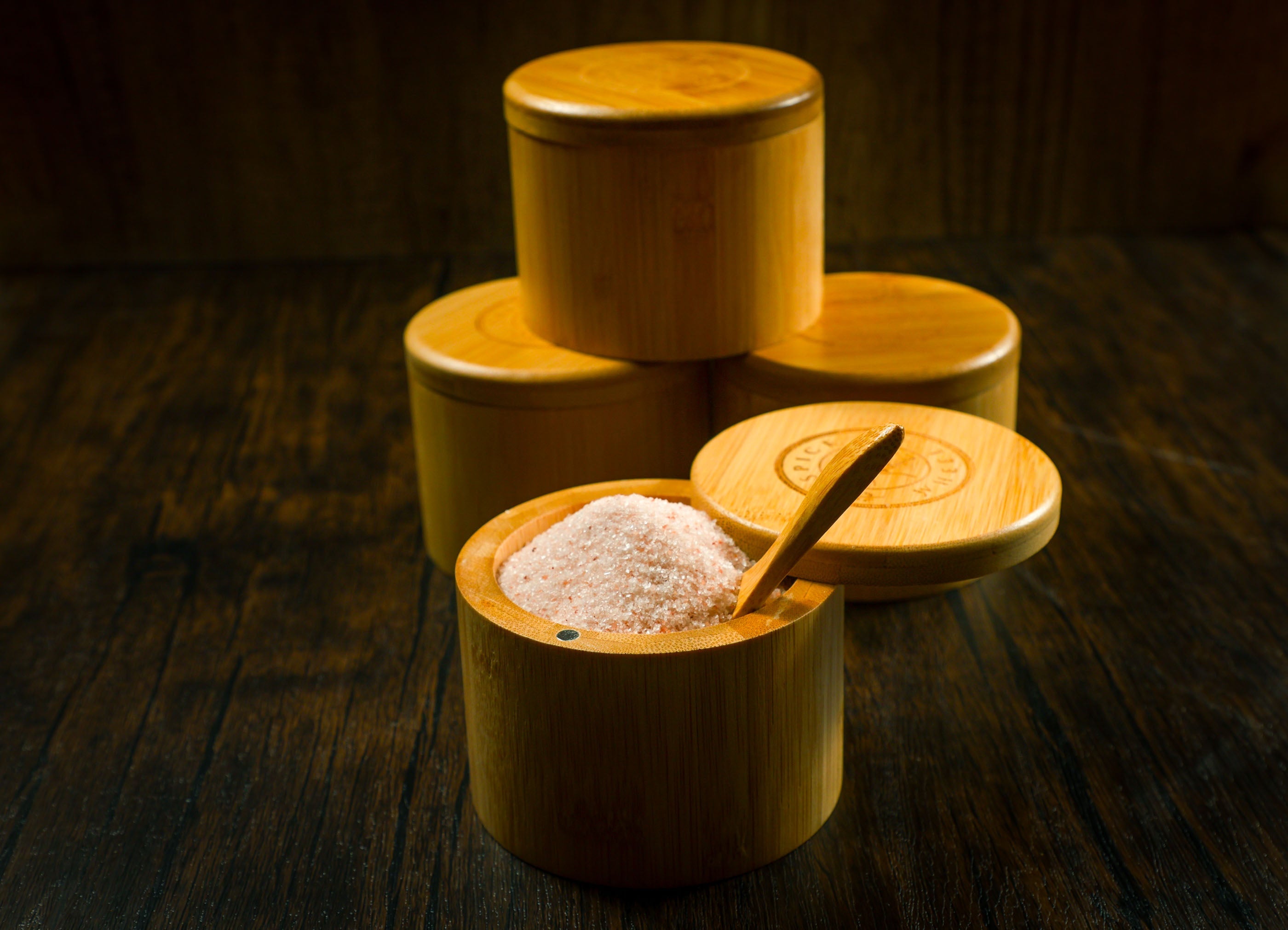 Bamboo Salt Container filled with Pink Himalayan Salt by Spice Wheel
