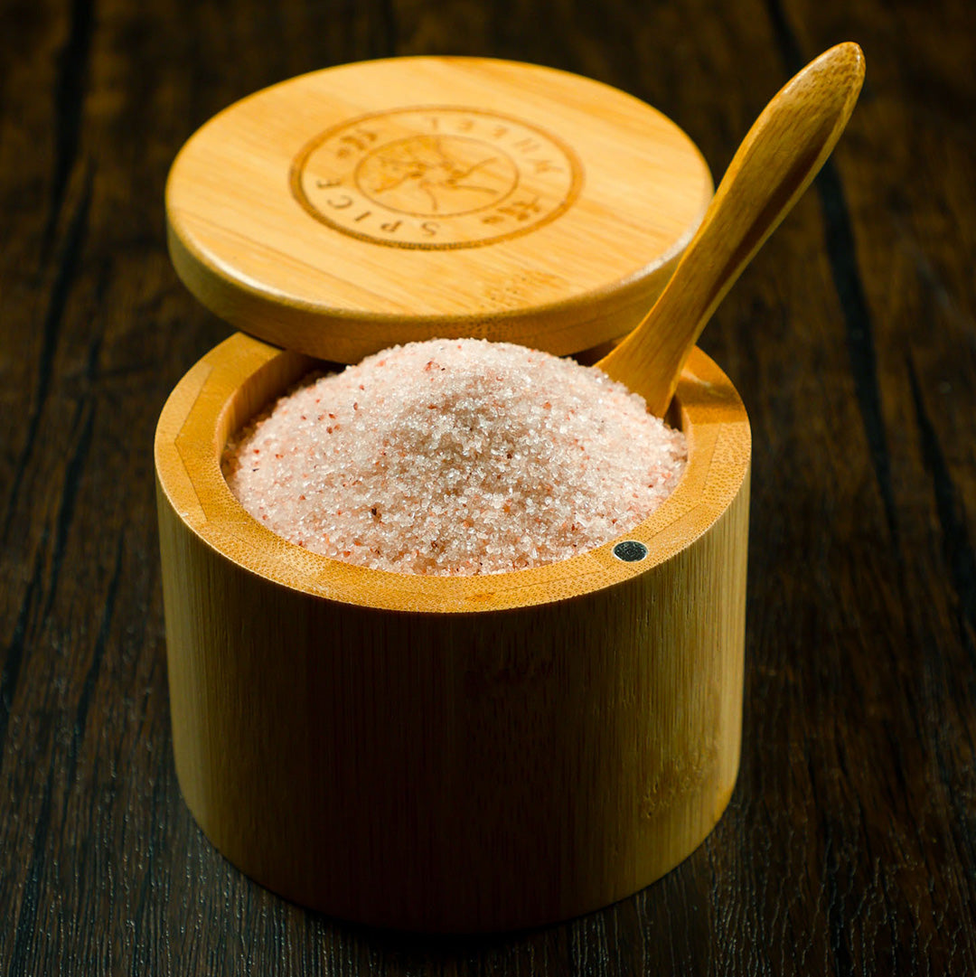 Bamboo Salt Container filled with Pink Himalayan Salt by Spice Wheel