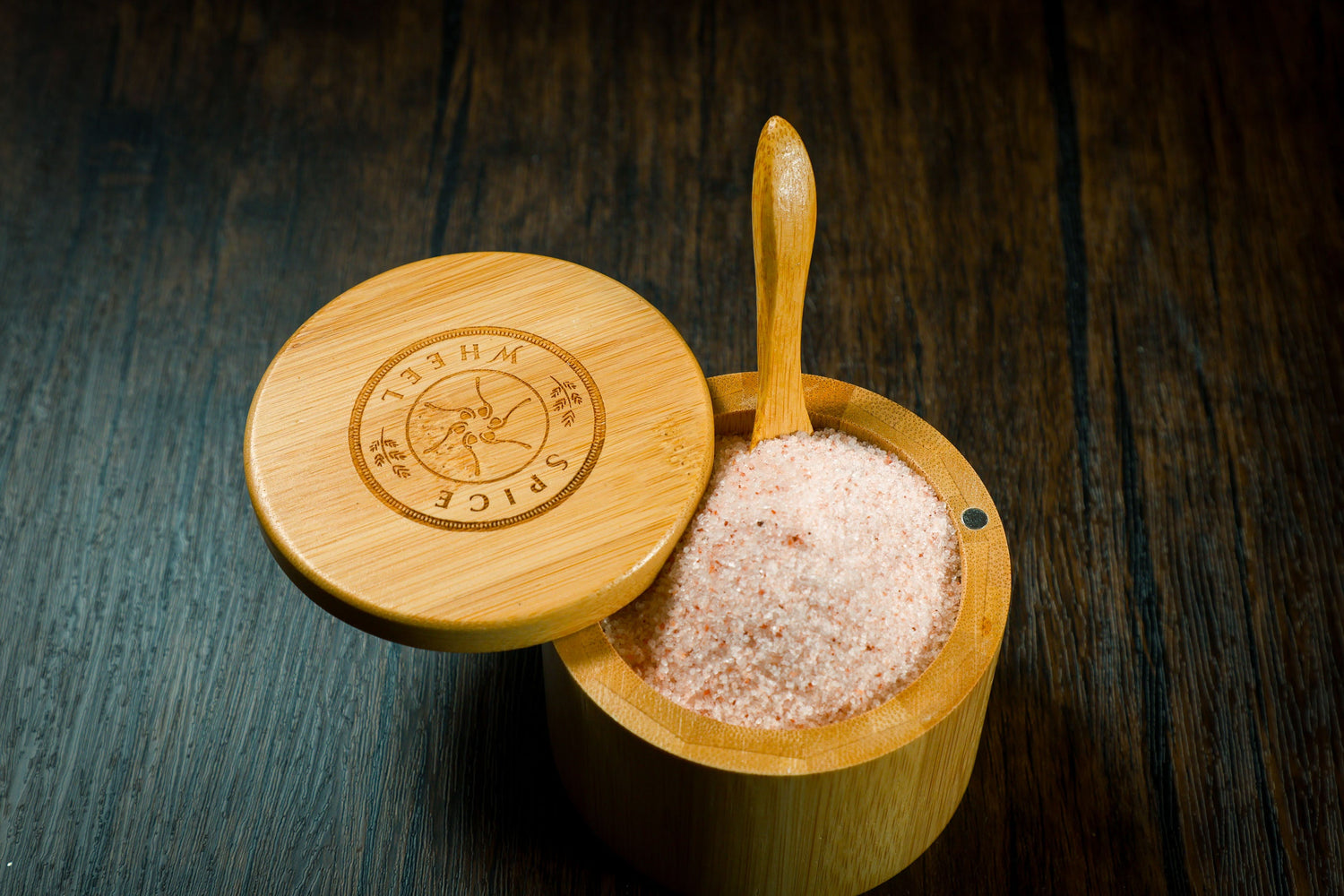 Bamboo Salt Container filled with Pink Himalayan Salt by Spice Wheel