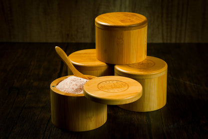 Bamboo Salt Container filled with Pink Himalayan Salt by Spice Wheel