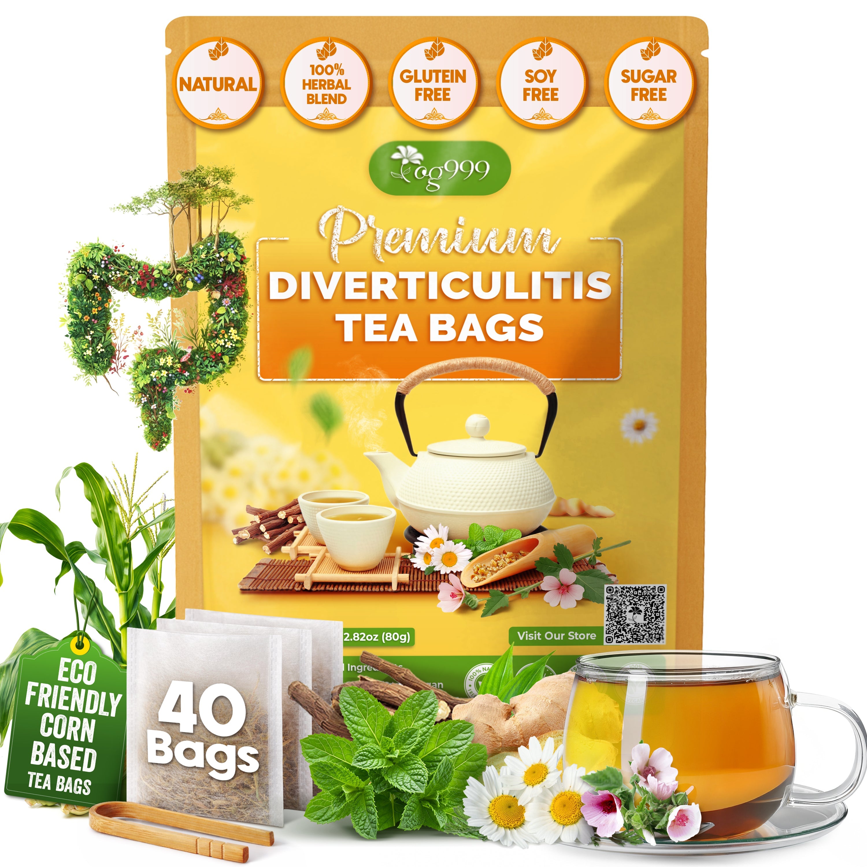 Premium Diverticulitis Tea Bags | 100% Natural Chamomile, Peppermint, Marshmallow Leaf, Wild Yam Root, Licorice &amp; Ginger Herbal Blend by FreshDrinkUS - Natural and Premium Herbal Tea
