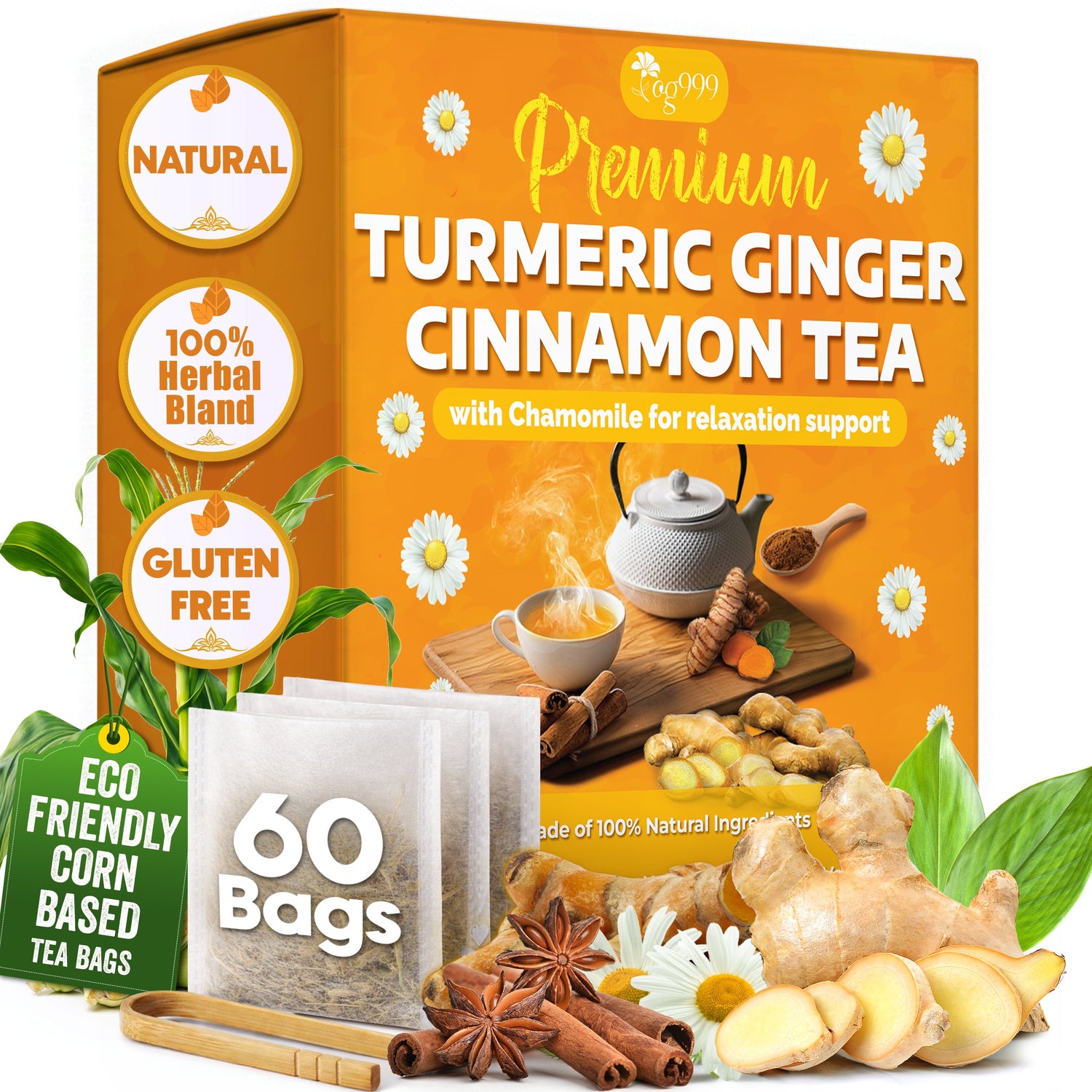 Premium Turmeric, Ginger, Cinnamon &amp; Chamomile Flowers Tea | Improve Digestion, Support Brain, Weight, Skin and Sleep, Eco-Conscious Tea Bags by FreshDrinkUS - Natural and Premium Herbal Tea