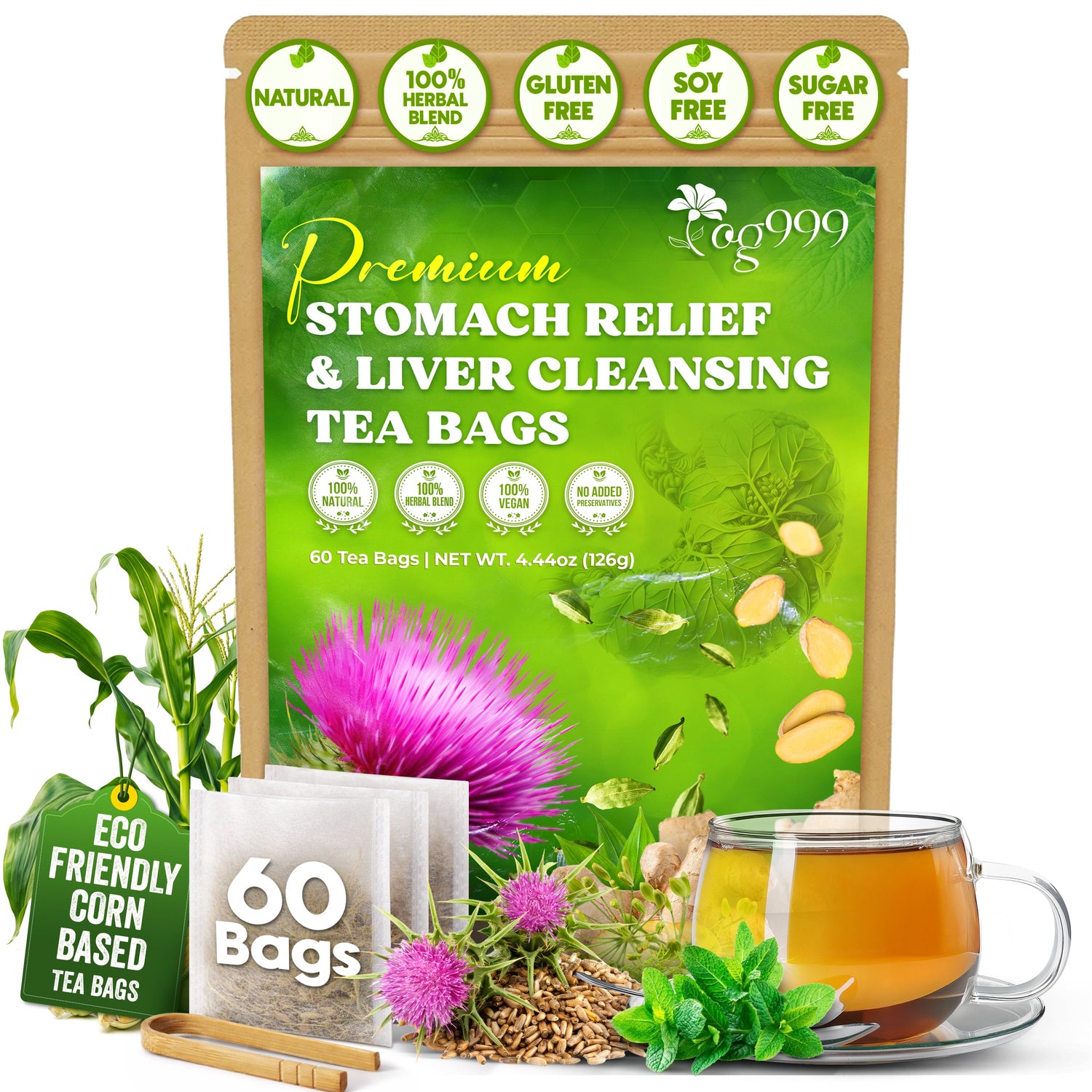 Premium Stomach &amp; Liver Herbal Tea | Milk Thistle Seed, Ginger, Fennel, Peppermint &amp; Licorice by FreshDrinkUS - Natural and Premium Herbal Tea