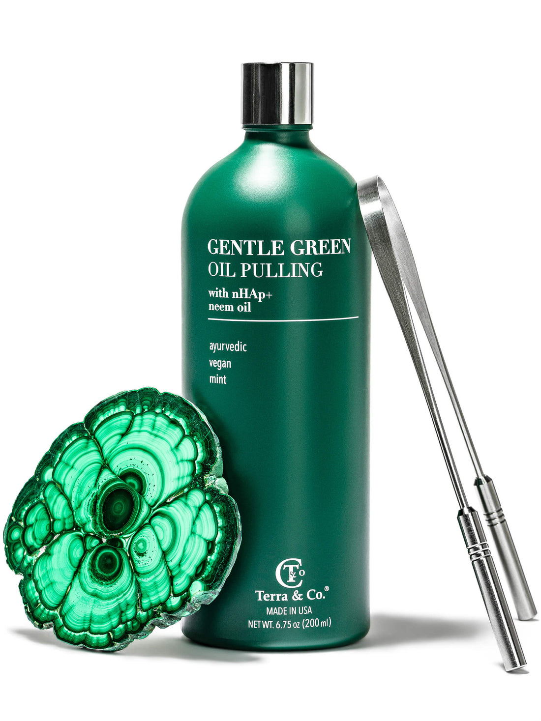 Gentle Green™ Oral Detox Bundle – Stainless Steel Tongue Scraper &amp; Ayurvedic Oil Pulling (Fluoride-Free, Enamel Support) by Terra &amp; Co.