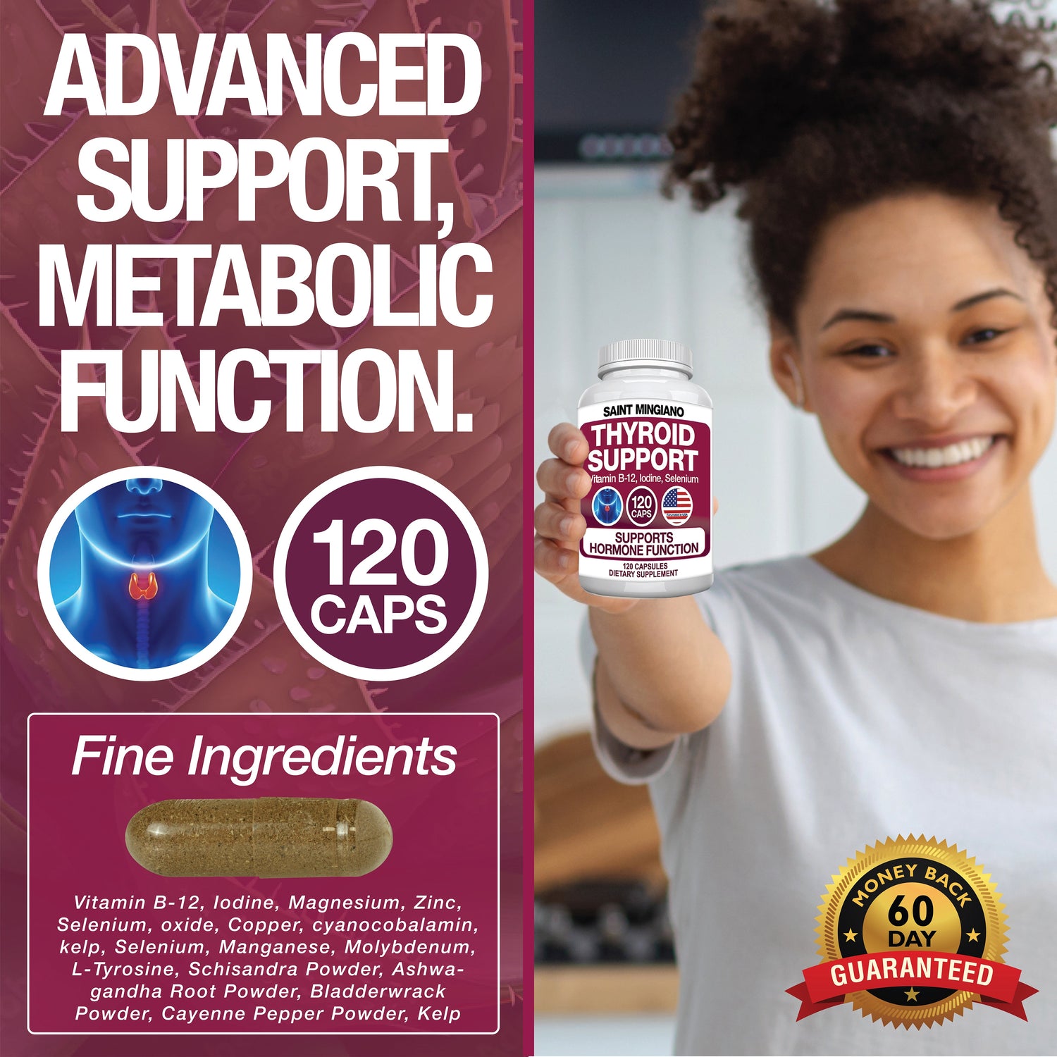 Thyroid Support Supplement with Iodine |120 Capsules to Help Body Mass &amp; Improve Energy by Saint Mingiano - Supplements &amp; Wellness Dedicated to Holistic Health