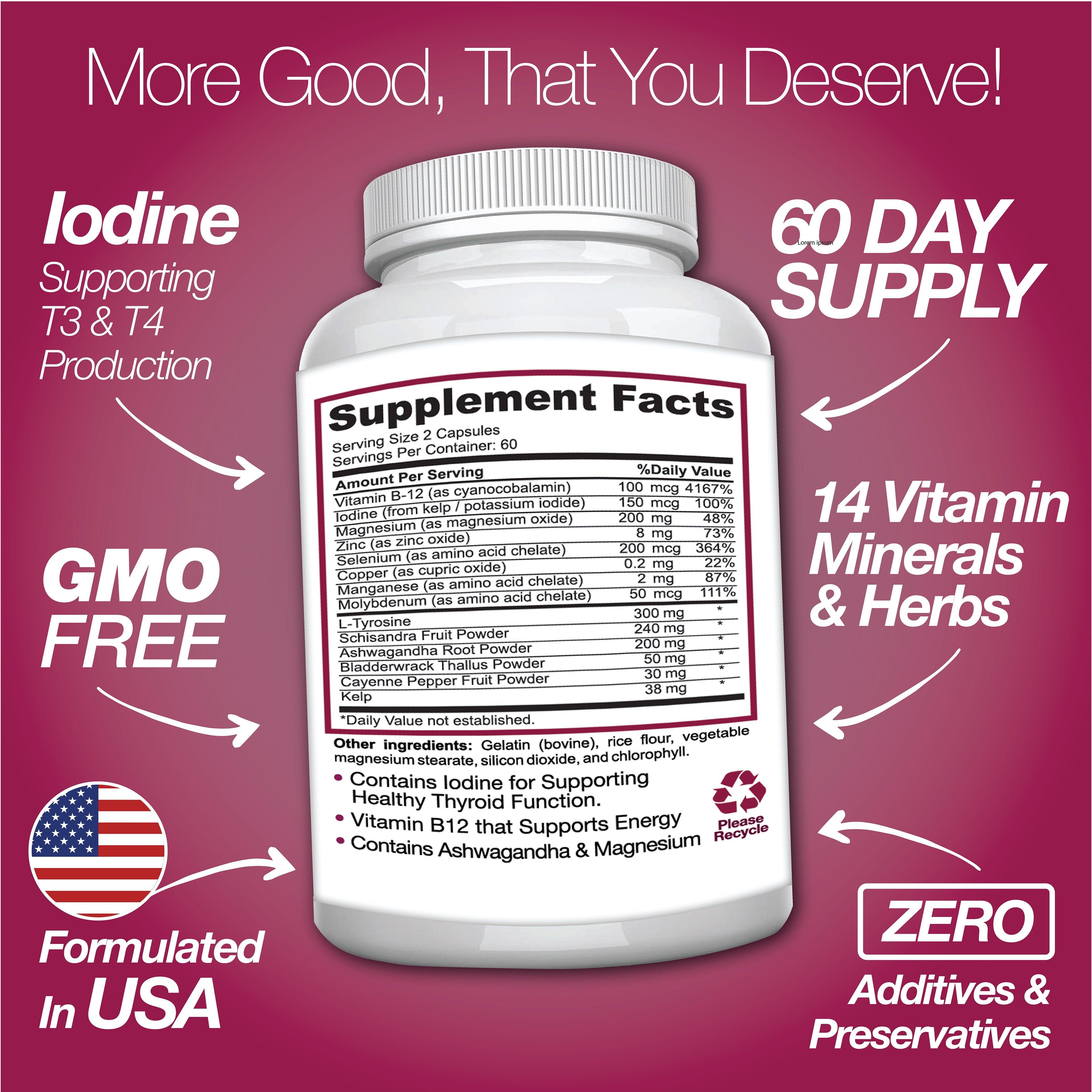 Thyroid Support Supplement with Iodine |120 Capsules to Help Body Mass &amp; Improve Energy by Saint Mingiano - Supplements &amp; Wellness Dedicated to Holistic Health