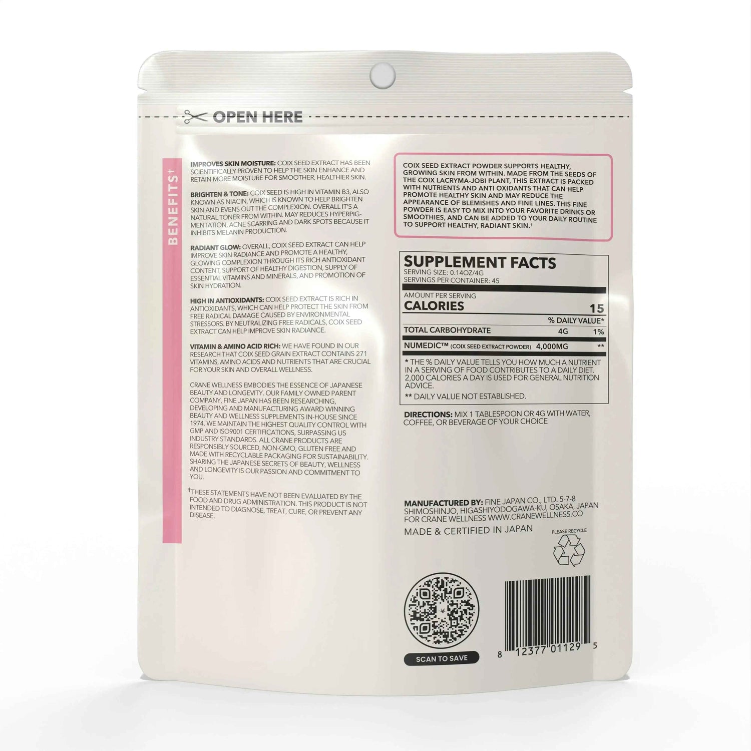 Tone and Glow Coix Seed Extract Powder by Crane Wellness