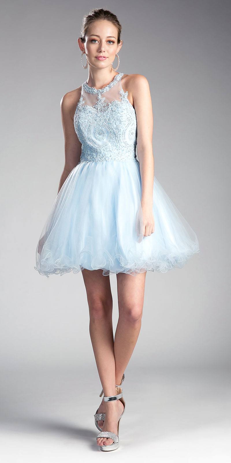 Ladivine UJ0119 Short Appliqued Bodice Halter Tulle Skirt Dress by DiscountDressShop