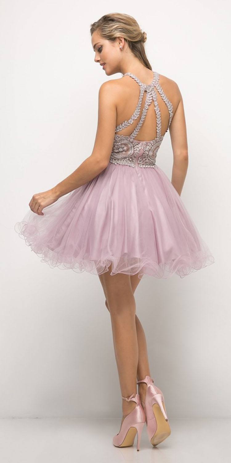 Ladivine UJ0119 Short Appliqued Bodice Halter Tulle Skirt Dress by DiscountDressShop