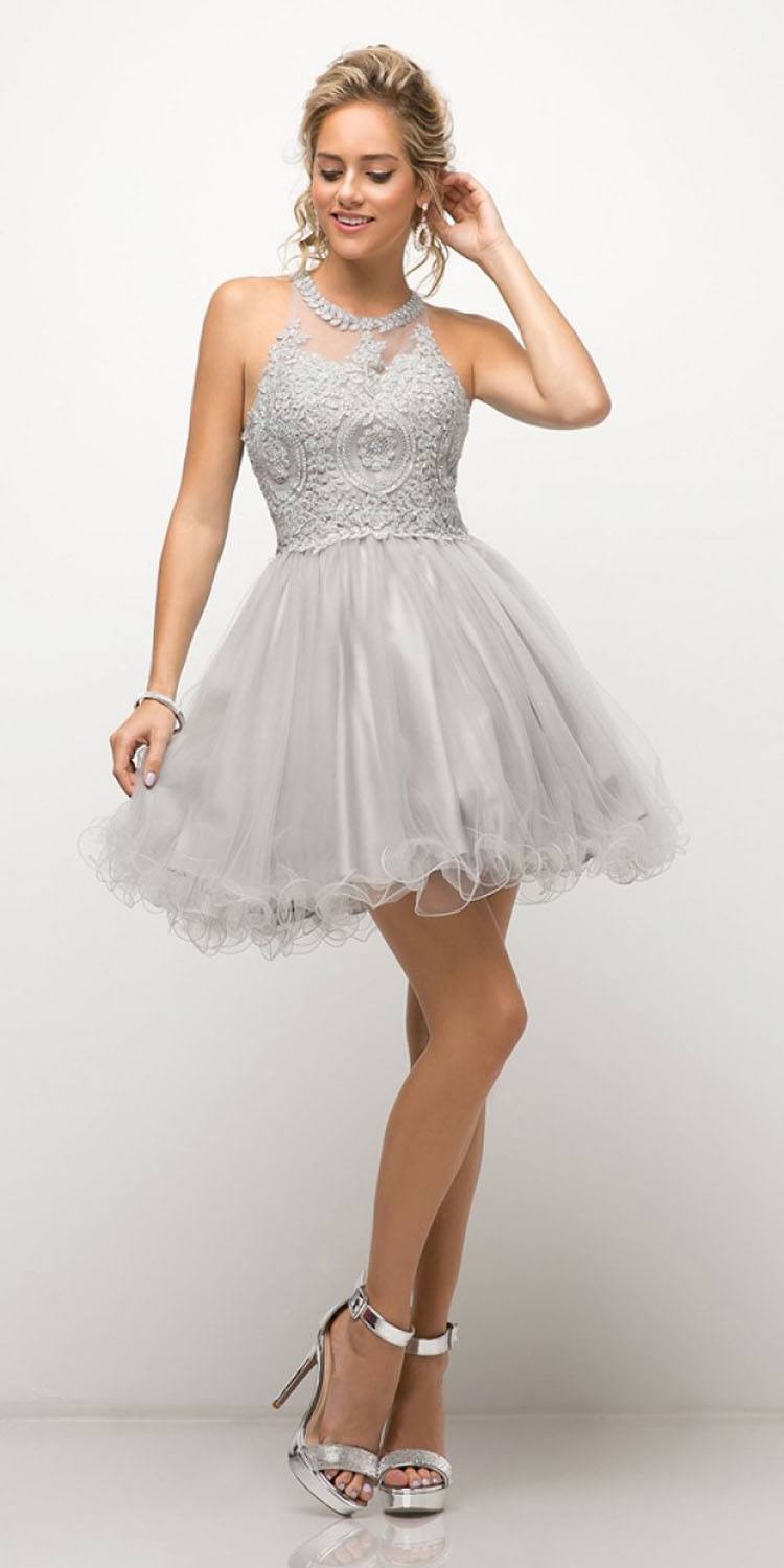 Ladivine UJ0119 Short Appliqued Bodice Halter Tulle Skirt Dress by DiscountDressShop