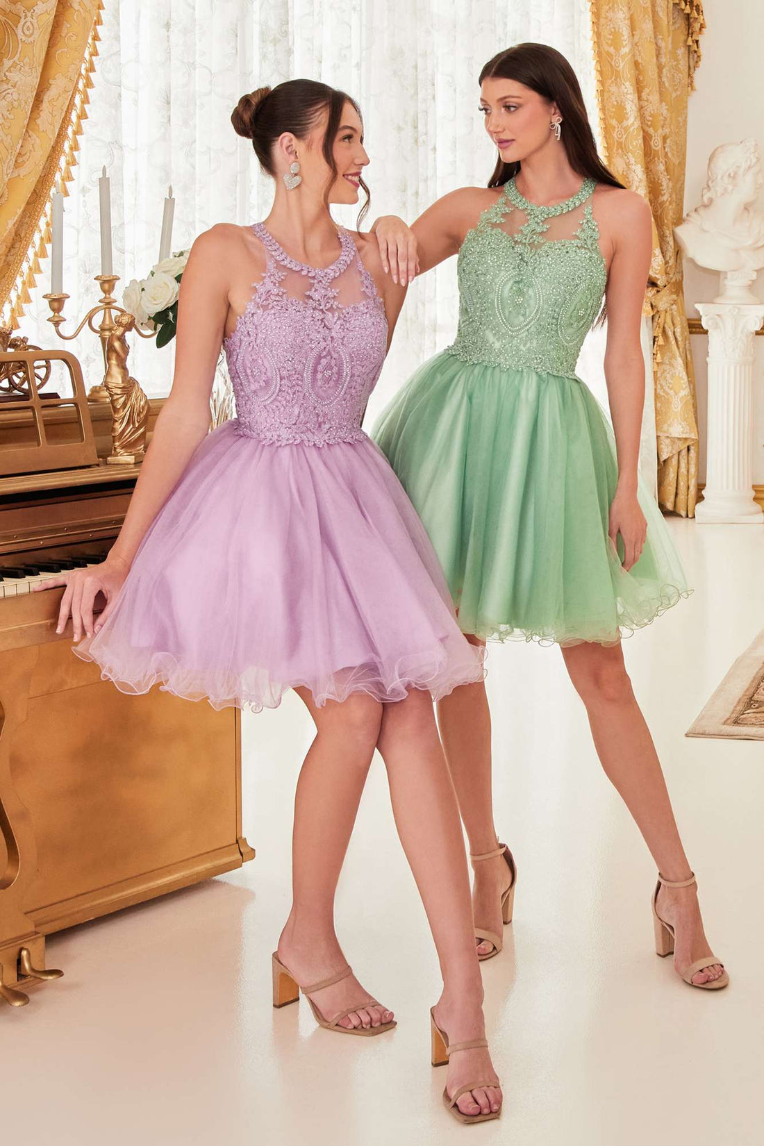 Ladivine UJ0119 Short Appliqued Bodice Halter Tulle Skirt Dress by DiscountDressShop