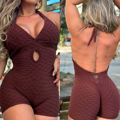 SCRUNCH BOOTY BROWN WAVE SEXY BACK SHORT JUMPSUIT by Iris Fitness Online