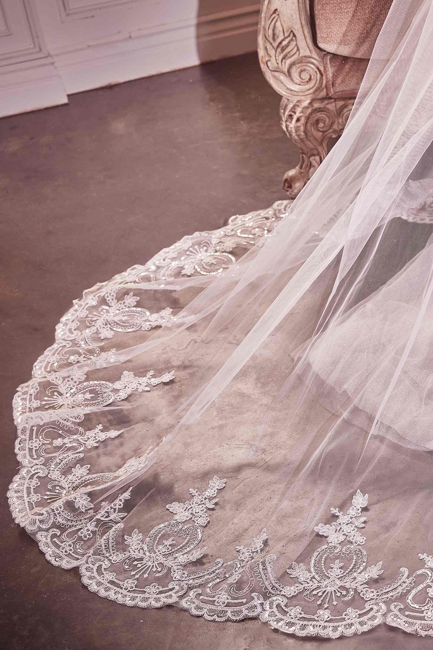 Embroidery Hem Lace Chapel Veil by DiscountDressShop
