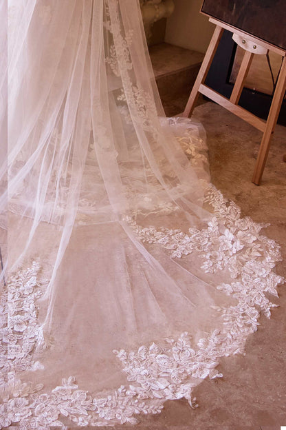 Floral Scalloped Lace Royal Veil by DiscountDressShop