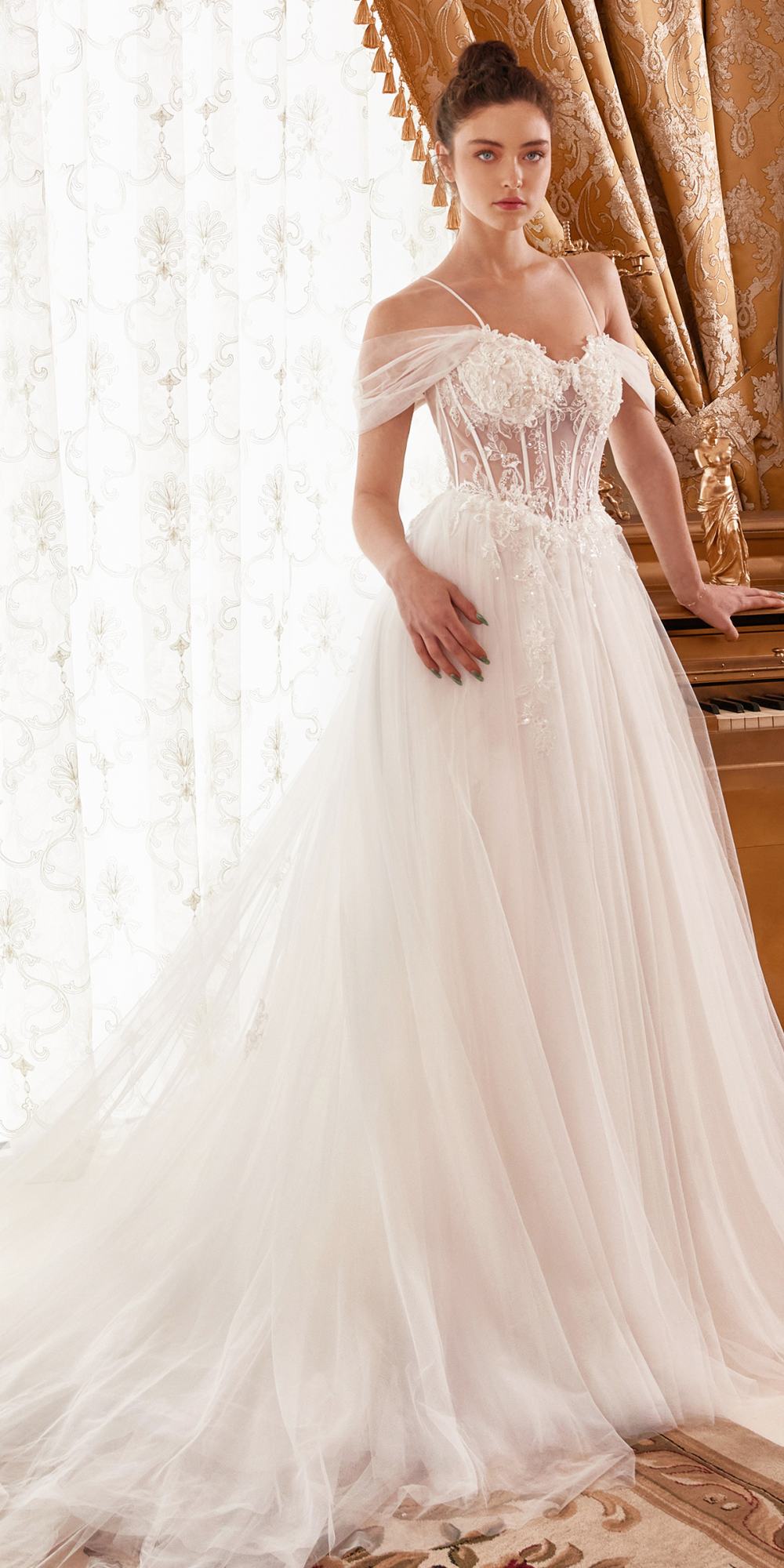 Ladivine WN307 Layered Tulle A-Line Bridal Gown With Corset Bodice by DiscountDressShop