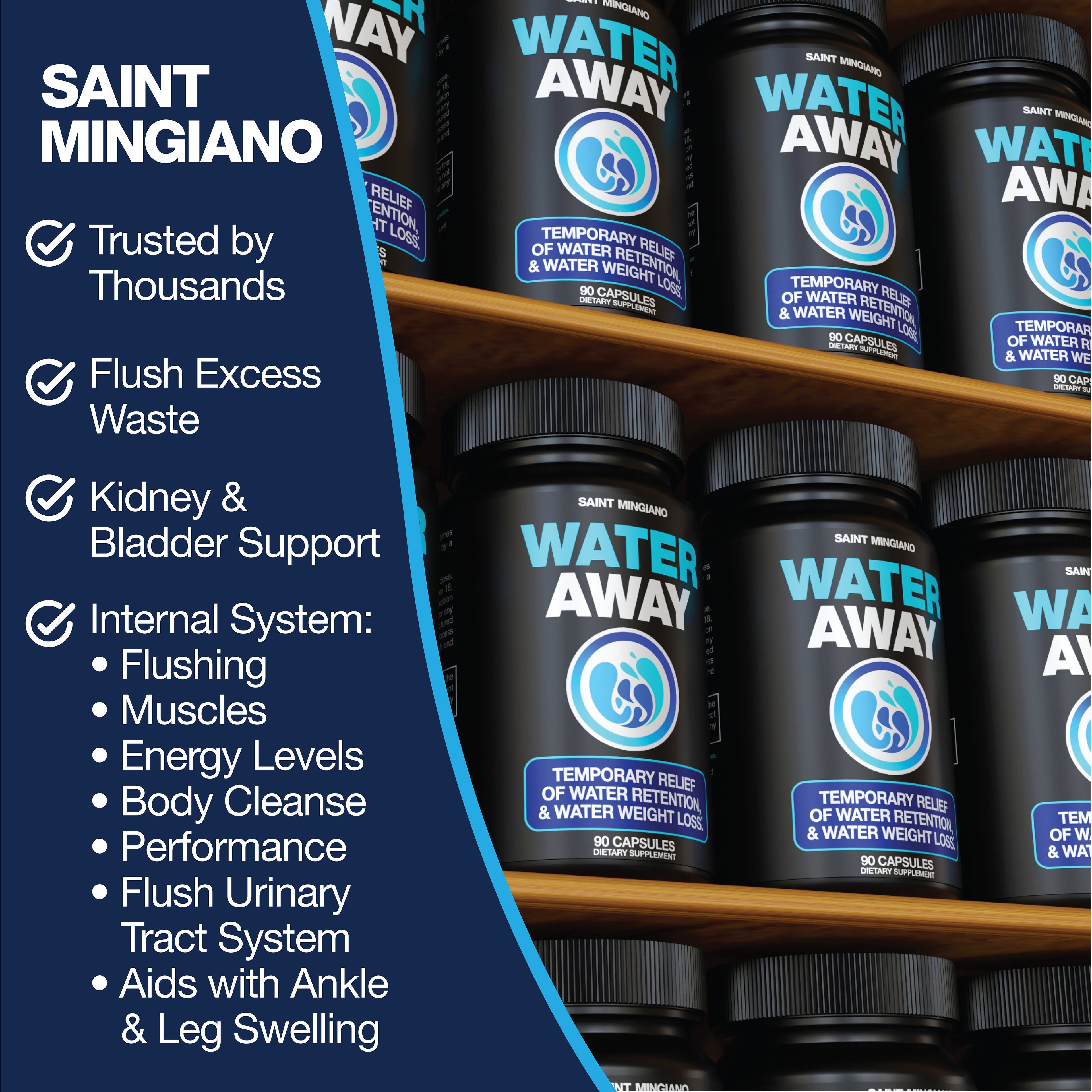 Water Away - Water Retention and Flushing, Aids in Water Relief &amp; Water Loss by Saint Mingiano - Supplements &amp; Wellness Dedicated to Holistic Health