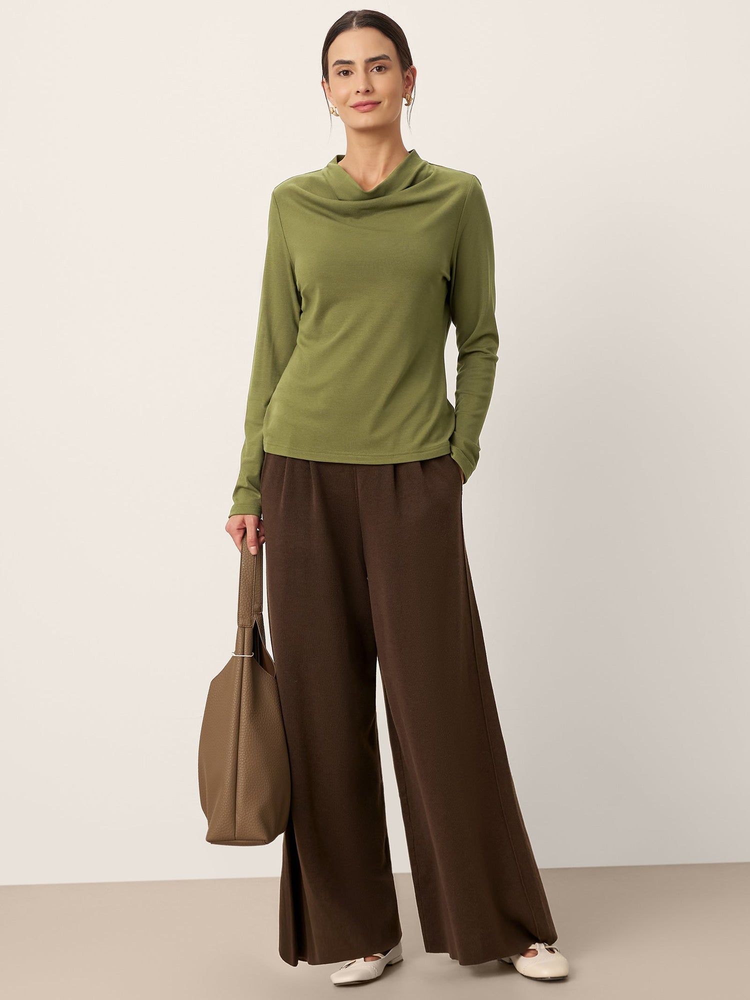 Wool Cowl Drape Stretch Long Sleeve Top INEKE by LINTICO