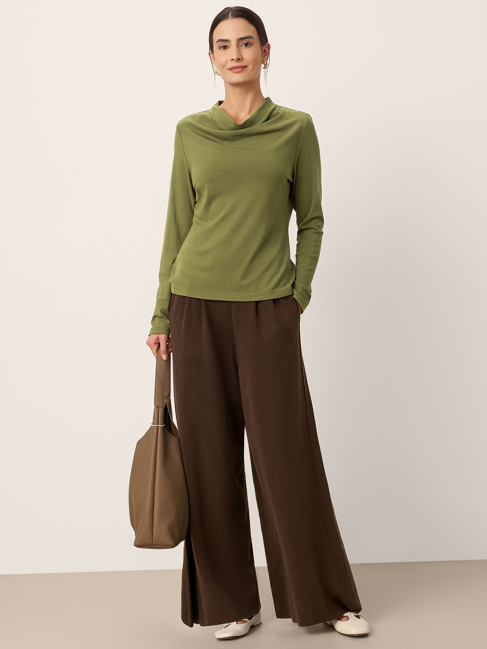 Wool Cowl Drape Stretch Long Sleeve Top INEKE by LINTICO