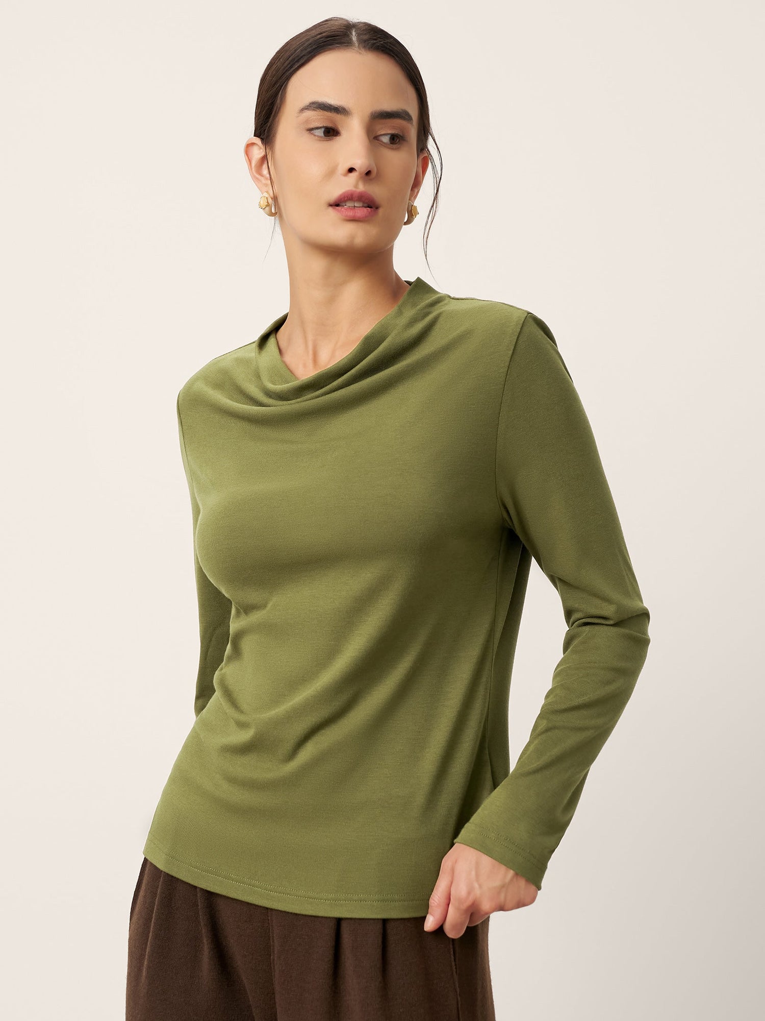 Wool Cowl Drape Stretch Long Sleeve Top INEKE by LINTICO