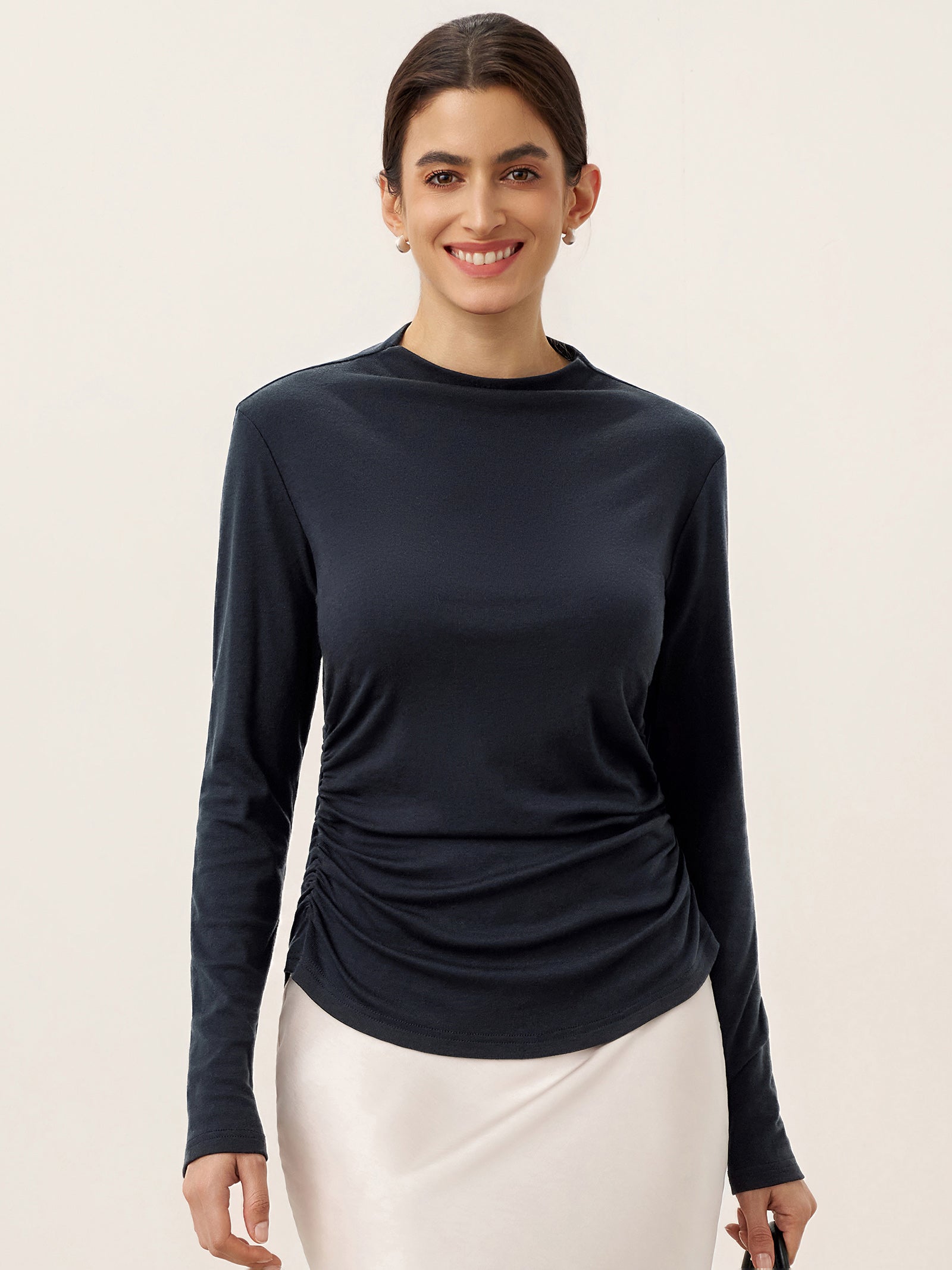 Wool Mock Neck Waist Pleat Top ISOLDE by LINTICO