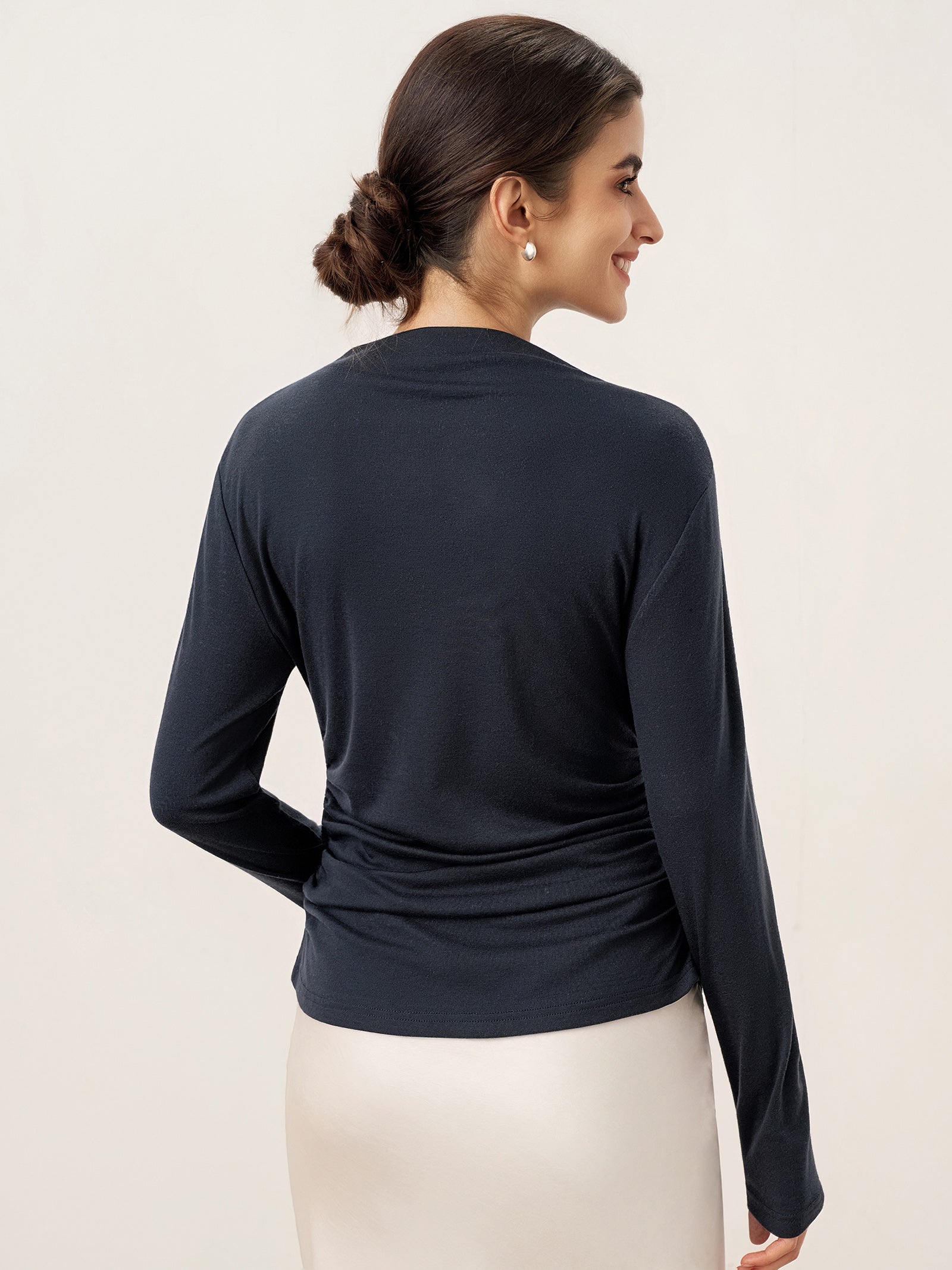 Wool Mock Neck Waist Pleat Top ISOLDE by LINTICO