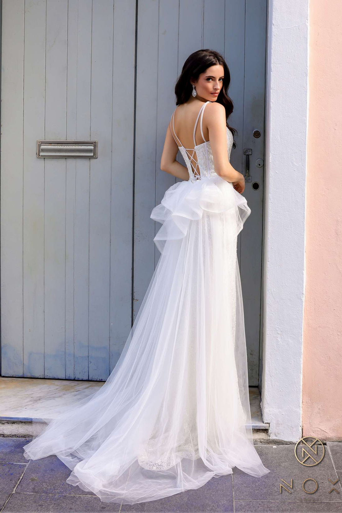 Nox Anabel Y1475 Long Sweetheart Ruffled Overskirt Fitted Evening Gown by DiscountDressShop