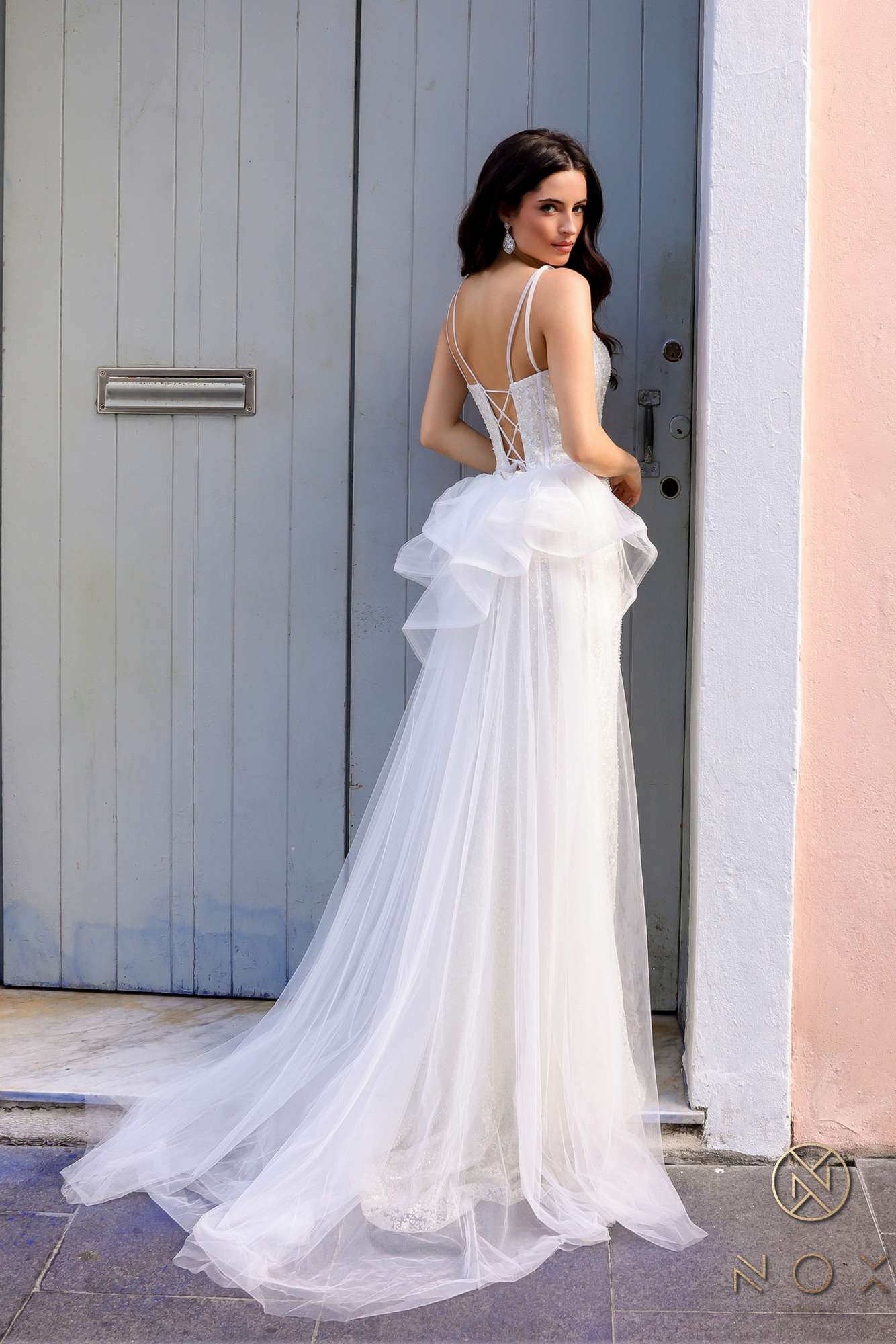 Nox Anabel Y1475 Long Sweetheart Ruffled Overskirt Fitted Evening Gown by DiscountDressShop
