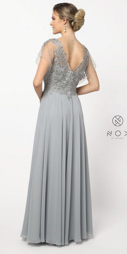CLEARANCE - Nox Anabel Y526 Long V-Neck Silver Long Dress (Size 2XL) by DiscountDressShop