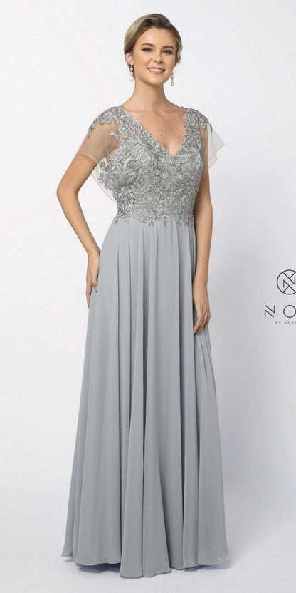 CLEARANCE - Nox Anabel Y526 Long V-Neck Silver Long Dress (Size 2XL) by DiscountDressShop