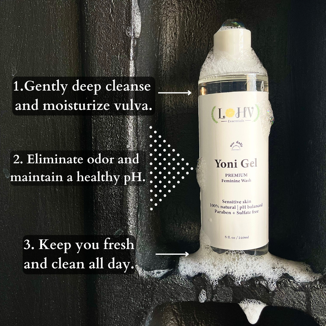 PREMIUM Herbal LOHV YONI GEL pH Balancing Intimate Wash: Eliminate Odor, Cleanse Vulva, Maintain a Healthy pH Balance with Palm Kernel Oil + Rose Oil + Aloe Vera Leaf by LOHV ESSENTIALS