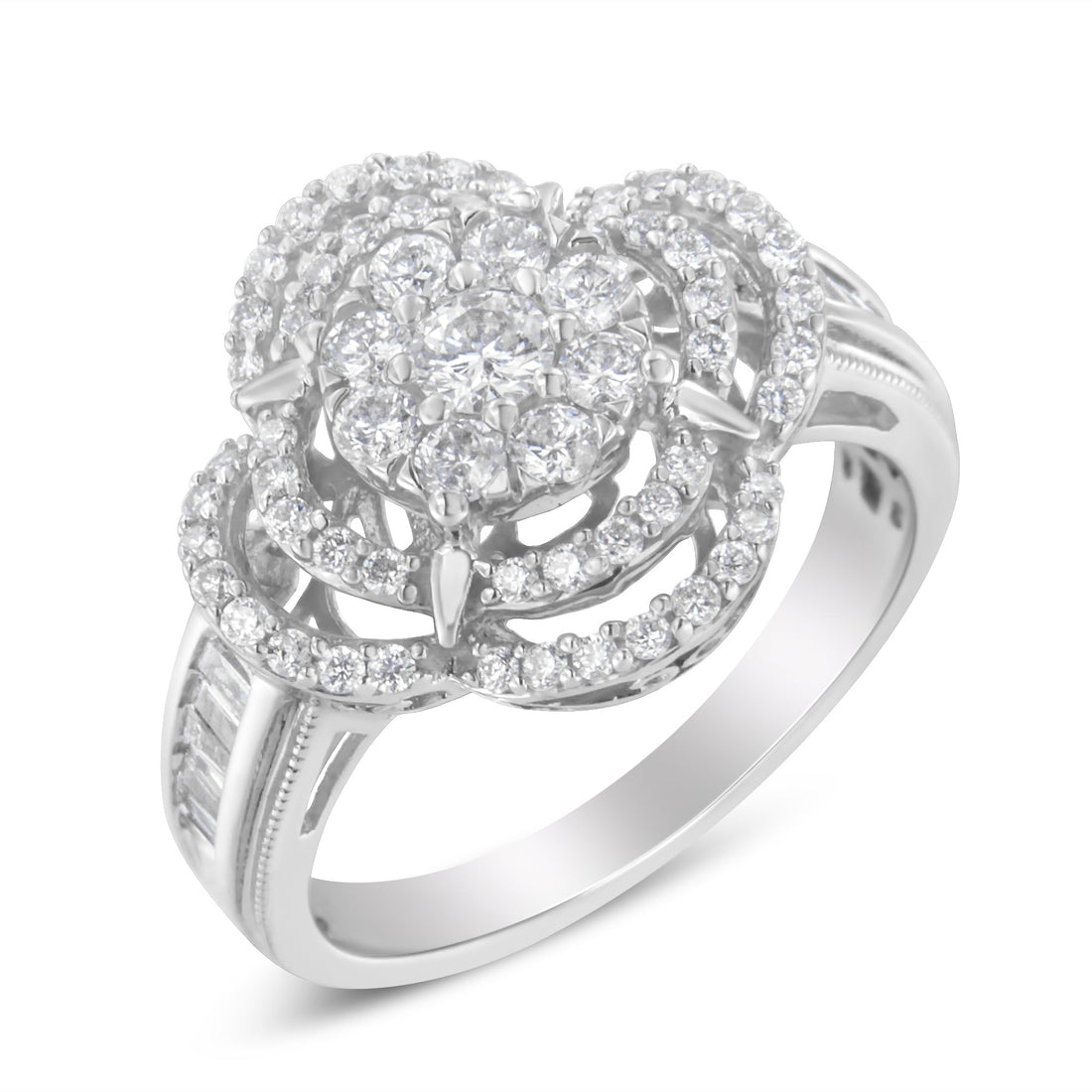 14K White Gold 1.0 Cttw Round &amp; Baguette Cut Diamond Floral Cluster Quatrefoil Channel Set Band Cocktail Statement Ring (H-I Color, SI2-I1 Clarity) - Size 6-3/4