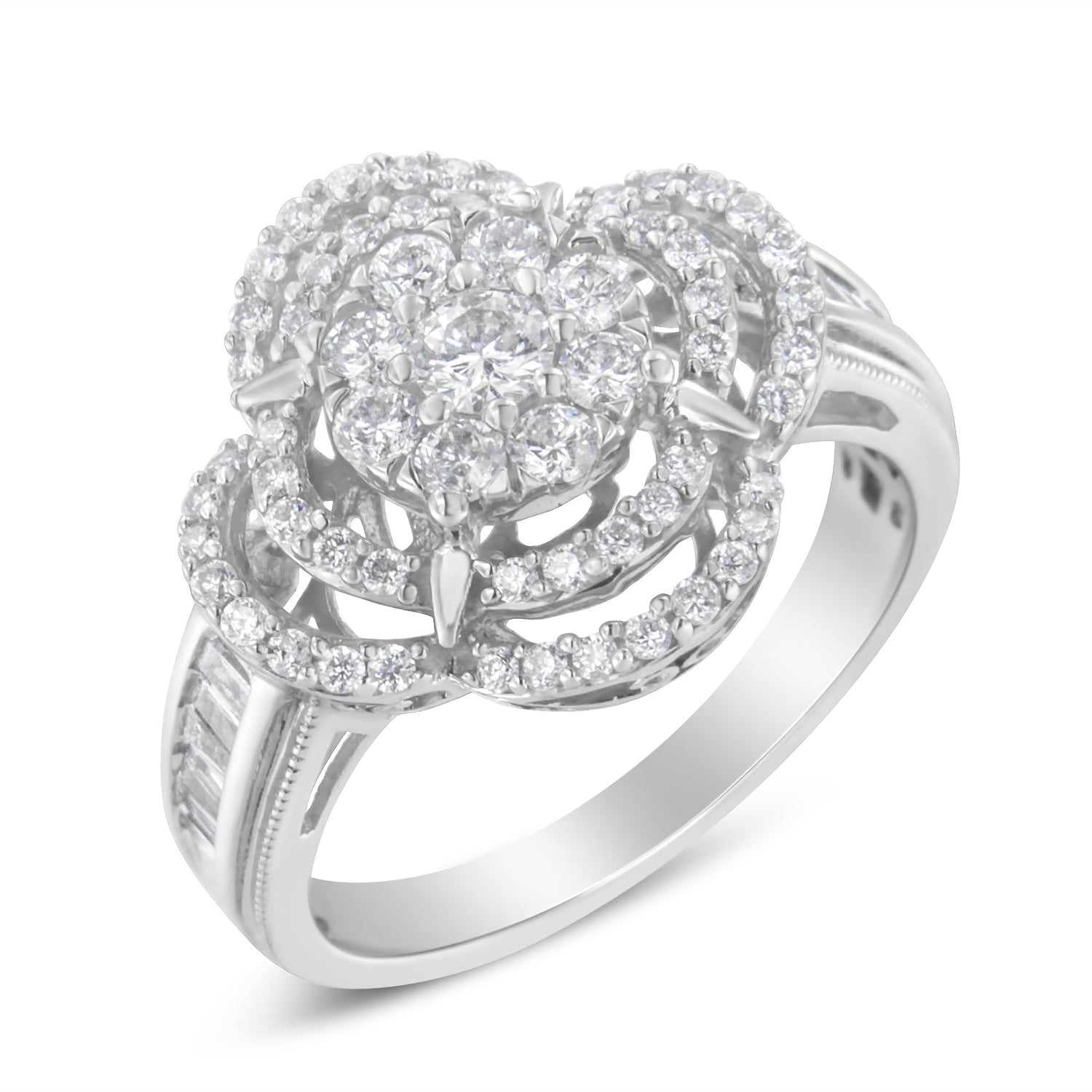 14K White Gold 1.0 Cttw Round &amp; Baguette Cut Diamond Floral Cluster Quatrefoil Channel Set Band Cocktail Statement Ring (H-I Color, SI2-I1 Clarity) - Size 6-3/4