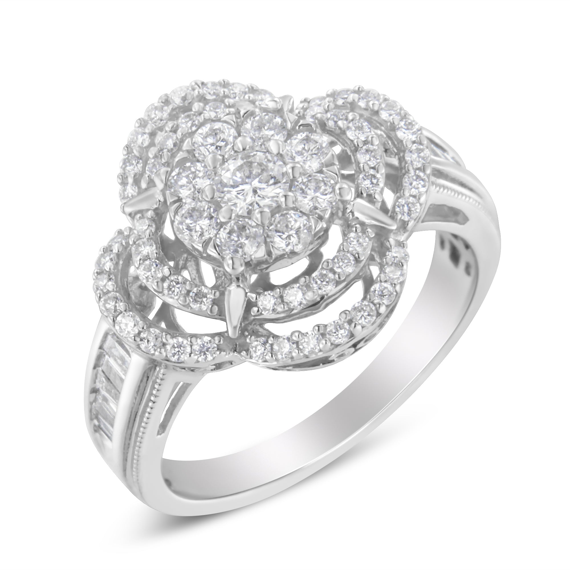 14K White Gold 1.0 Cttw Round &amp; Baguette Cut Diamond Floral Cluster Quatrefoil Channel Set Band Cocktail Statement Ring (H-I Color, SI2-I1 Clarity) - Size 6-3/4