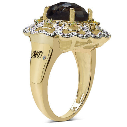 14K Yellow Gold Plated 3.23 Carat Genuine Smoky Quartz, Citrine &amp; White Diamond .925 Sterling Silver Ring