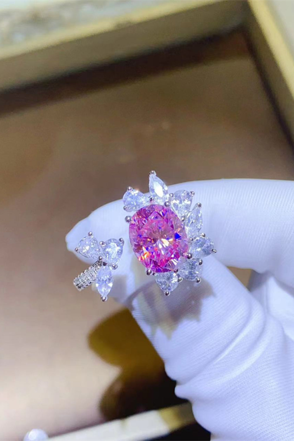3 Carat Pink Oval-Cut Sparkala™ Platinum Over Pure Sterling Silver Open Ring by Sparkala