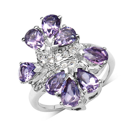 3.08 Carat Genuine Amethyst &amp; White Topaz .925 Sterling Silver Ring