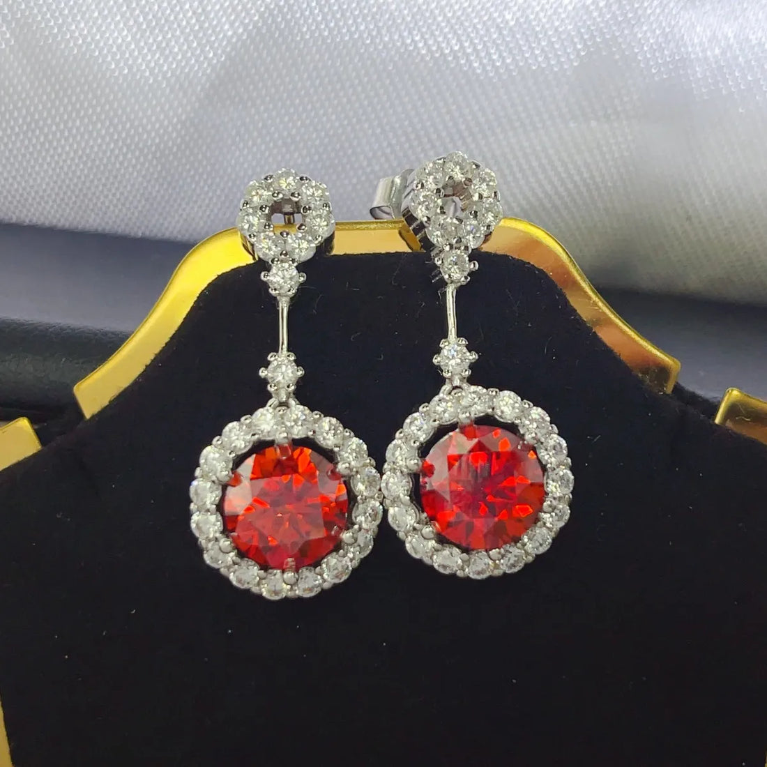 4 Carat Ruby Red Crystal Drop Earrings with Rhinestone Halo by Sparkala