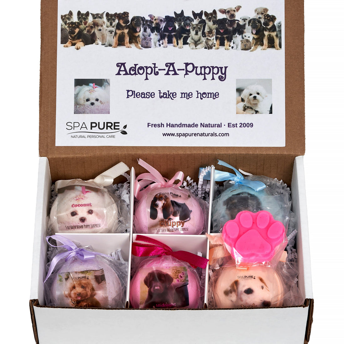 Adorable Kids Bath Bomb Gift Set, 6 Bath Bombs with (ADOPT-A-PUPPY) toys inside by Spa Pure