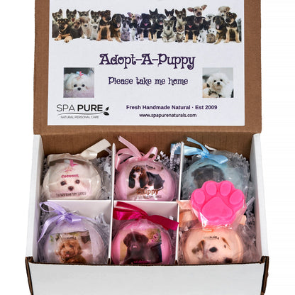 Adorable Kids Bath Bomb Gift Set, 6 Bath Bombs with (ADOPT-A-PUPPY) toys inside by Spa Pure