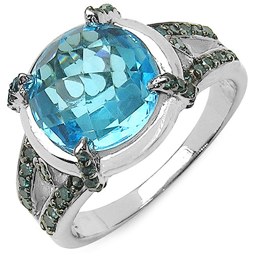 5.43 Carat Genuine Swiss Blue Topaz &amp; Blue Diamond .925 Sterling Silver Ring