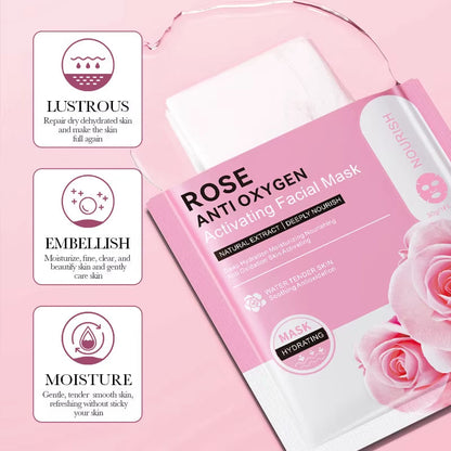 12Pc Rose Flower Extract Face Mask Korean Whitening Sheet Mask Moisturizing Mask Nourishing Skincare Facial Korean Fresh Product by Korean Skin Care