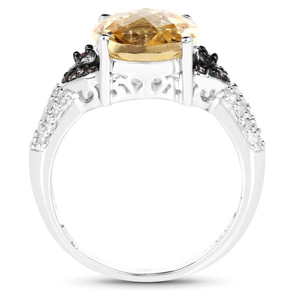 4.65 Carat Genuine Citrine, Champagne Diamond &amp; White Diamond .925 Sterling Silver Ring