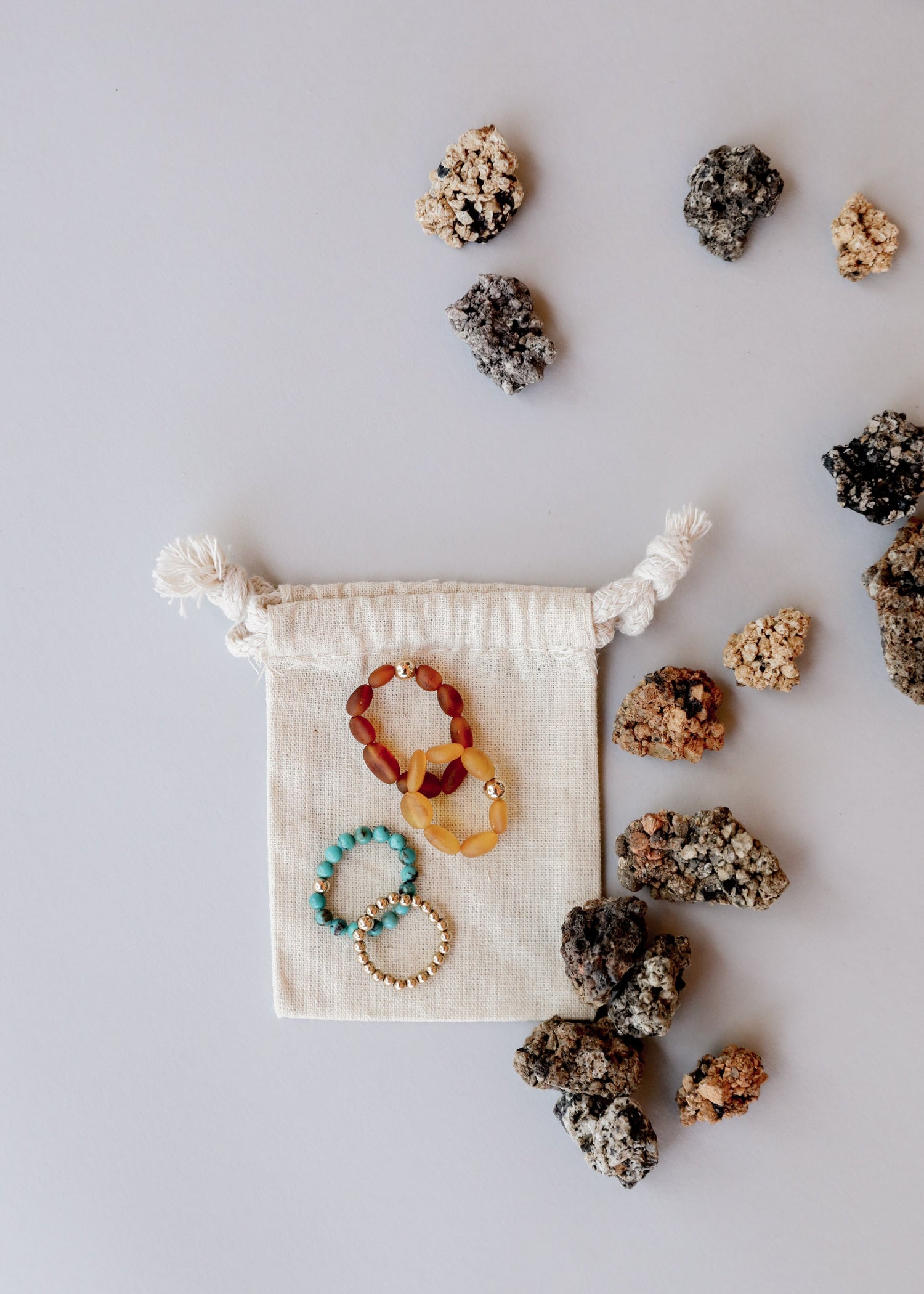 Raw Cognac Baltic Amber + 14K Gold Filled || Beaded Stretch Ring by CanyonLeaf