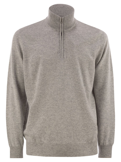 Brunello Cucinelli Men High-Necked Cashmere Sweater With Zip Opening by Luosophy