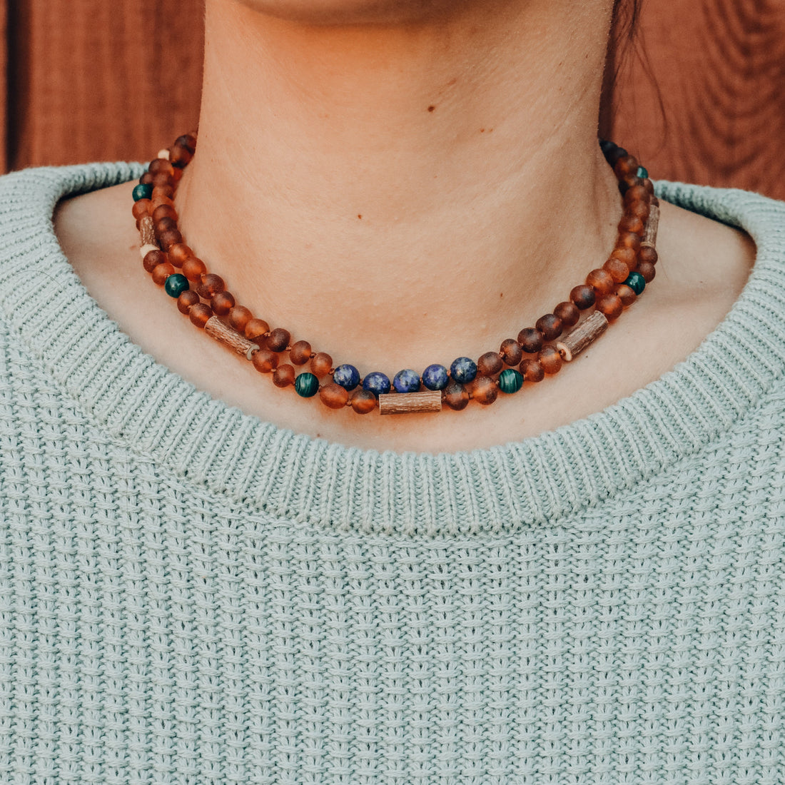 Raw Cognac Baltic Amber + Lapis Stone Necklace by CanyonLeaf