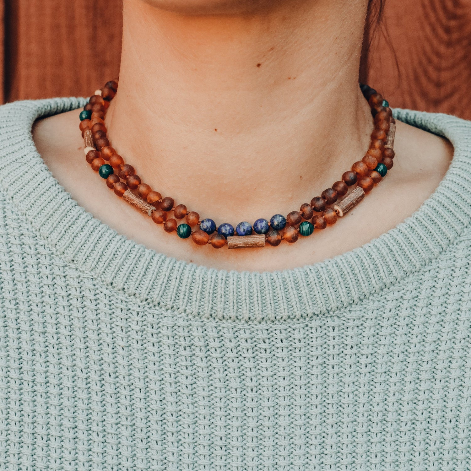 Raw Cognac Baltic Amber + Lapis Stone Necklace by CanyonLeaf